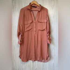 Zara Dusty Pink Silky Shirt Dress Size Large EUC